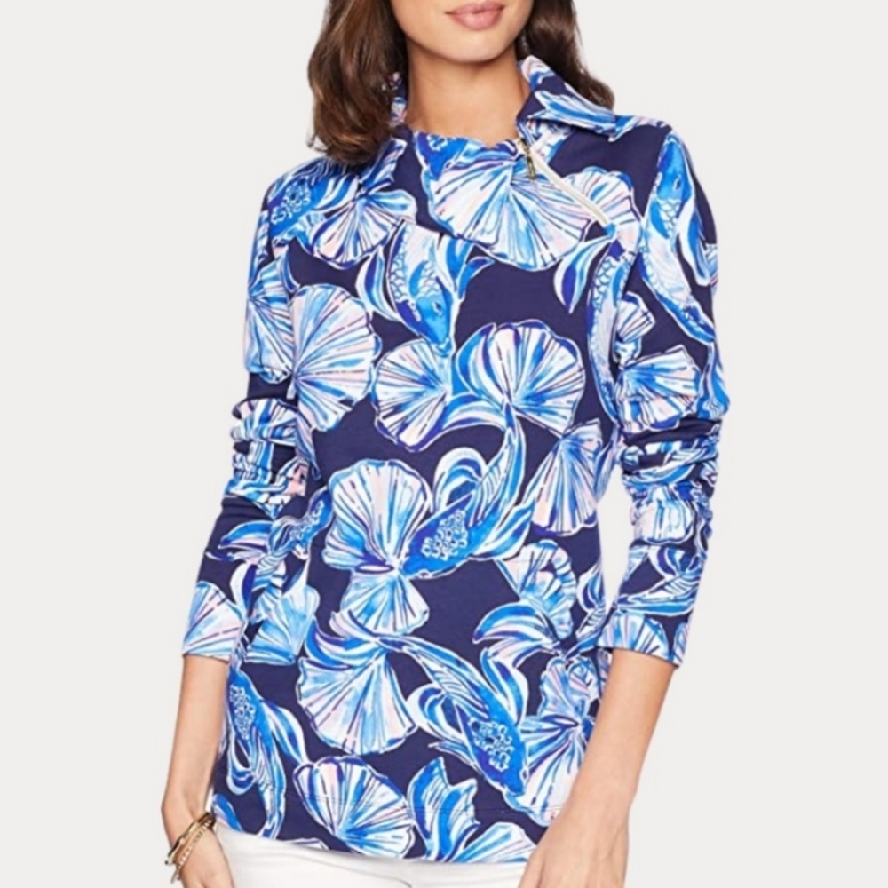 Lilly Pulitzer Booker Popover UPF 50+ Bright Navy In Reel Life - Size XS